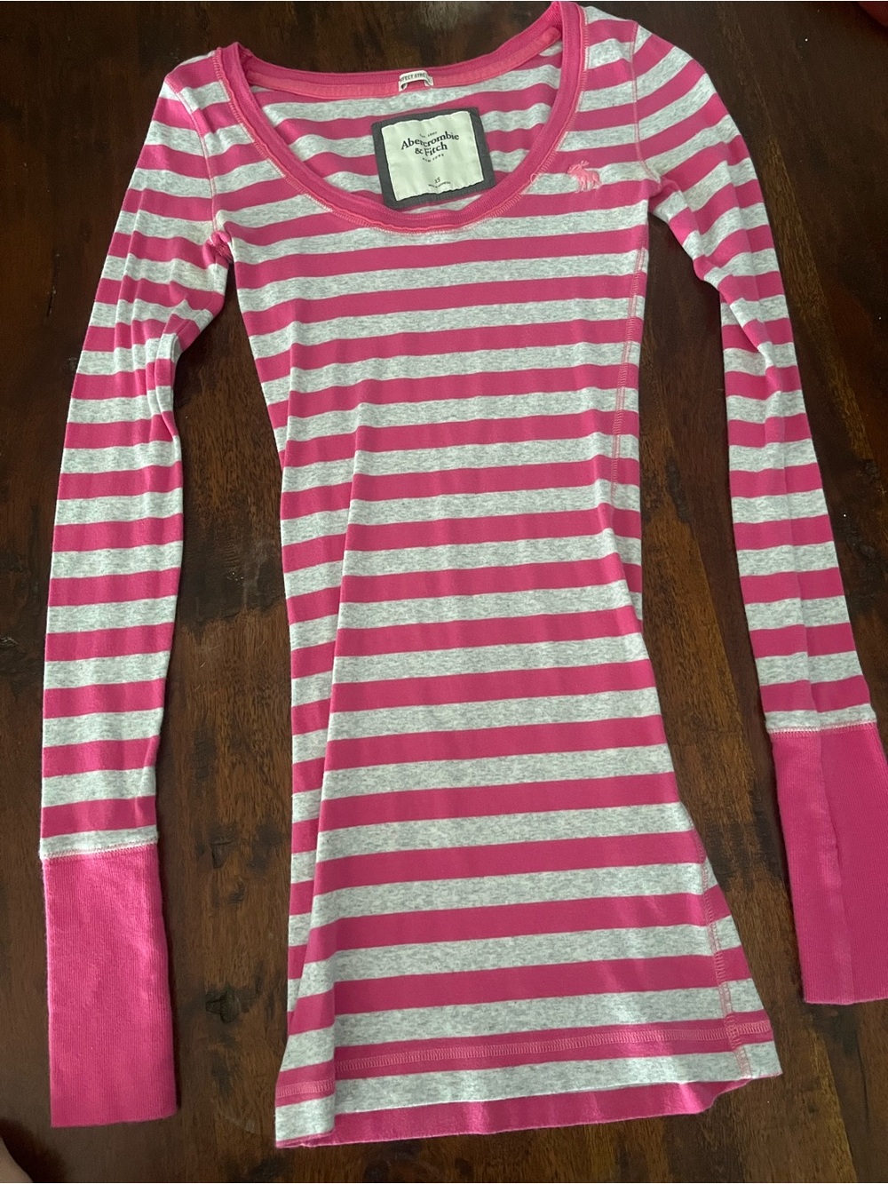 Abercrombie & Fitch Hot Pink and Light Gray Striped Scoop-Neck Tee